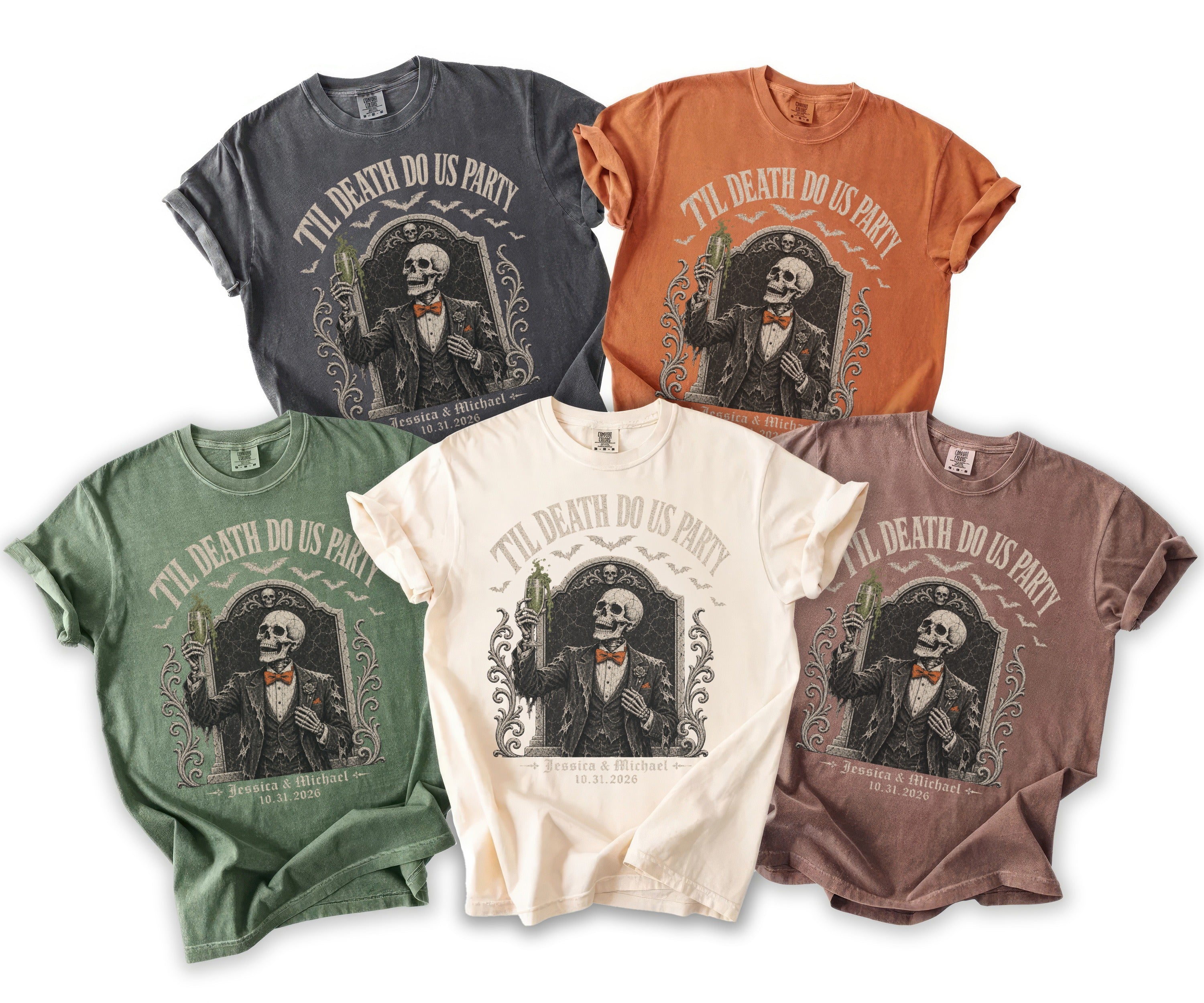 Five t-shirts in different colors with a skeleton groom graphic and text.