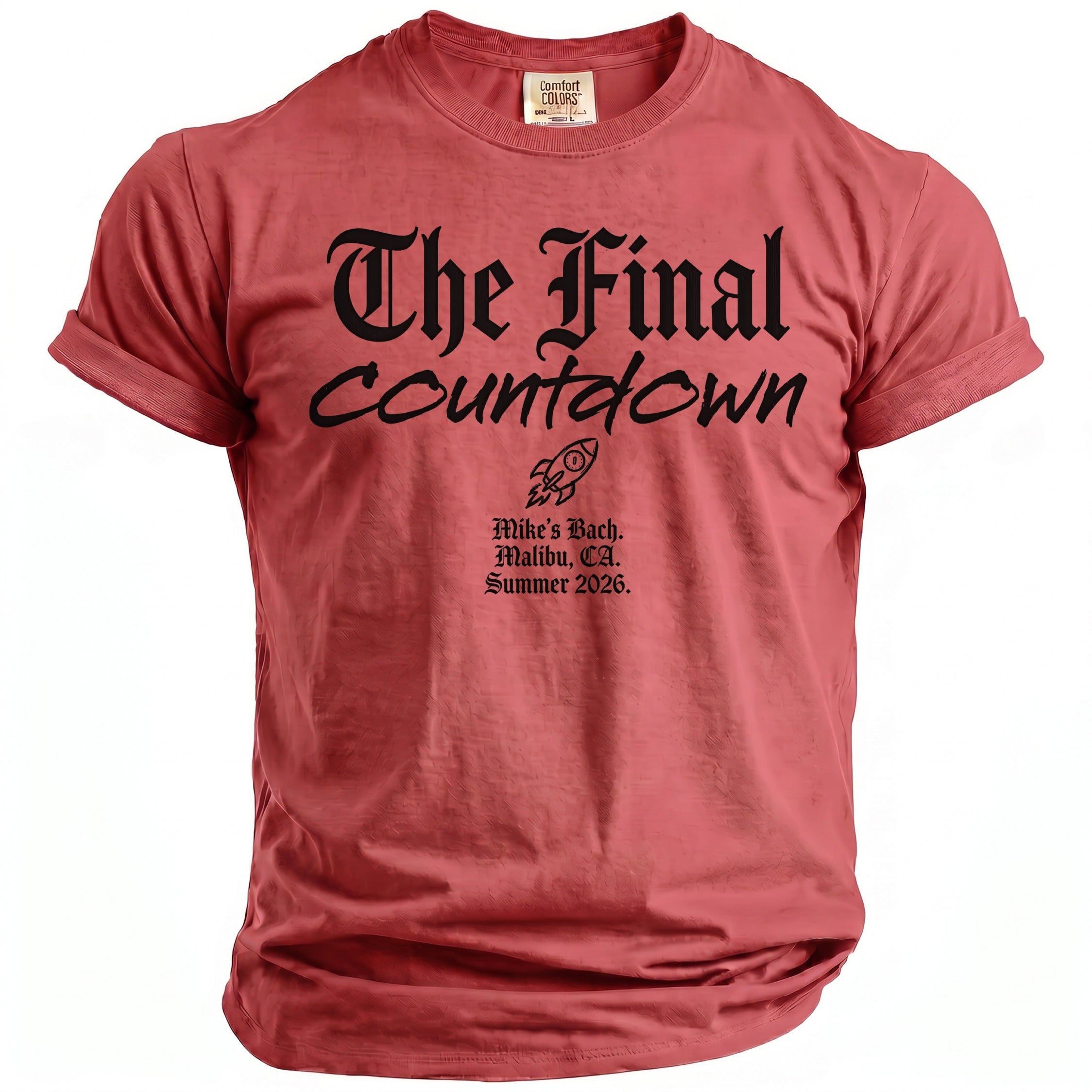Red t-shirt with "The Final Countdown" and rocket graphic.