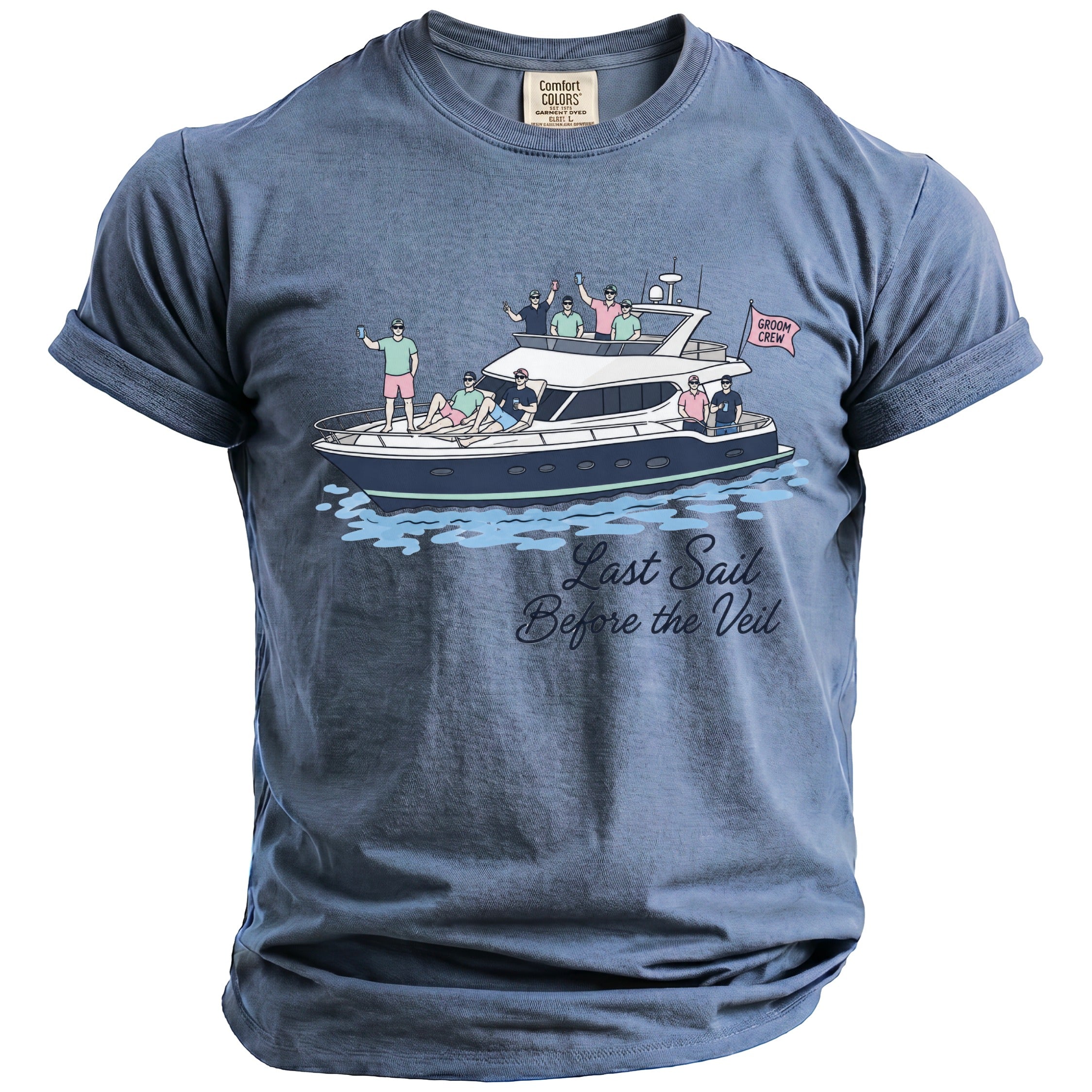 Blue t-shirt with "Last Sail Before the Veil" and groom crew on a boat graphic.
