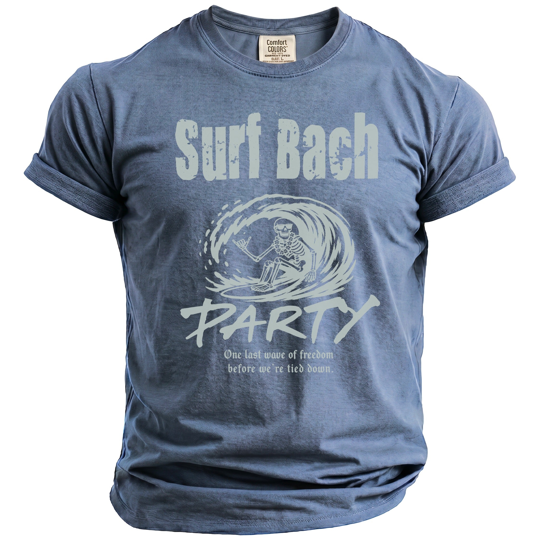 Blue t-shirt with "Surf Bach Party" and skeleton surfing text graphic.