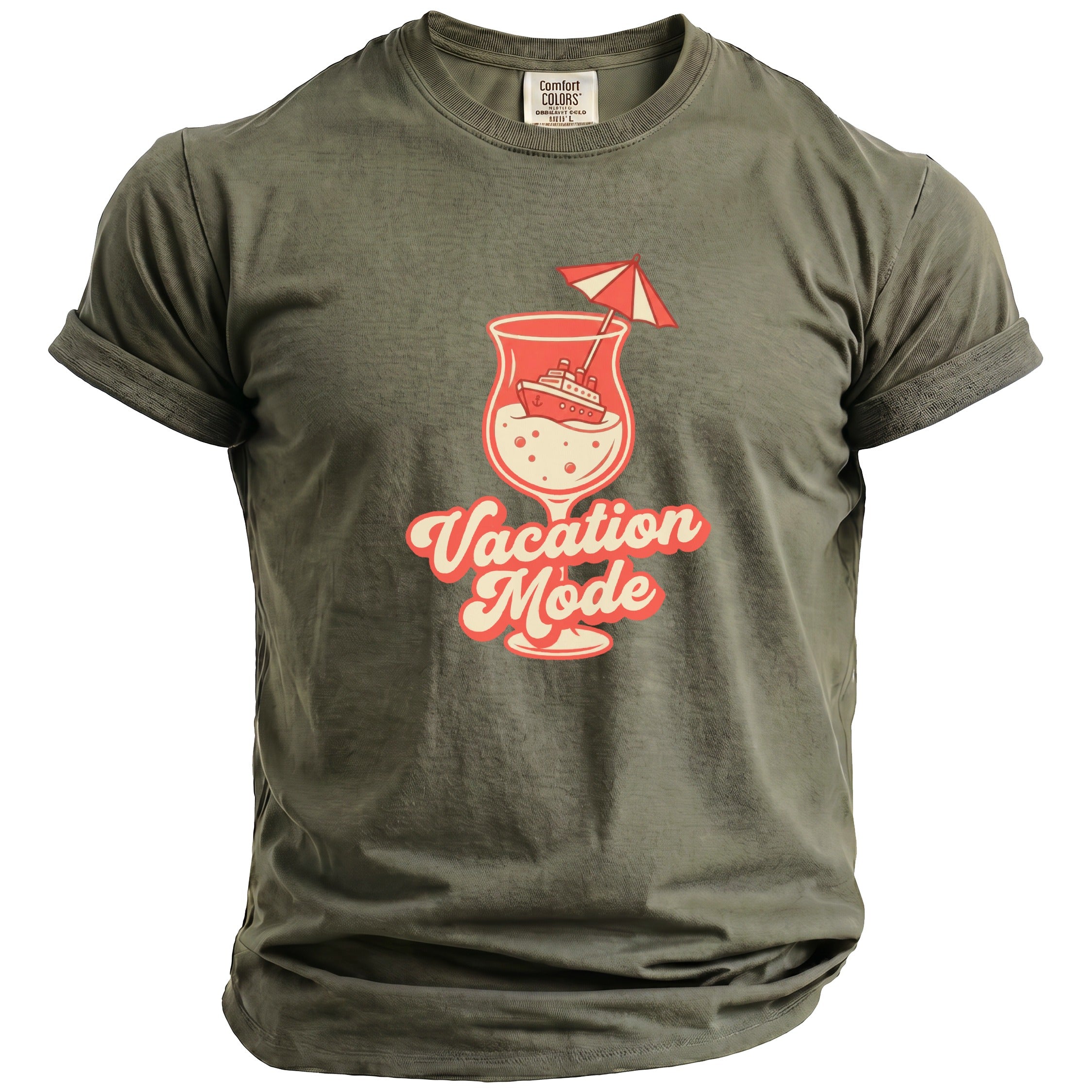 Olive green t-shirt with a graphic of a cocktail, ship, and umbrella that reads "Vacation Mode".