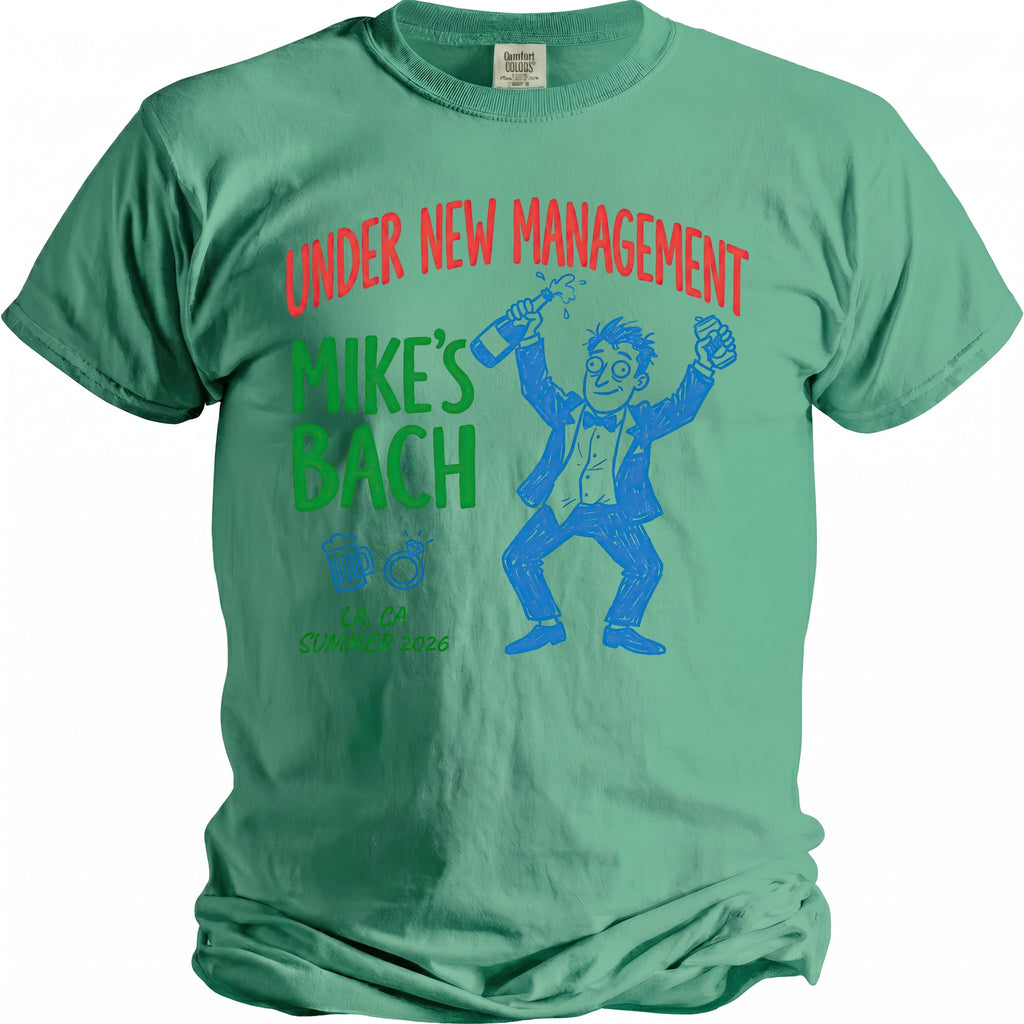 Green t-shirt with "Under New Management Mike's Bach" text and cartoon graphics.