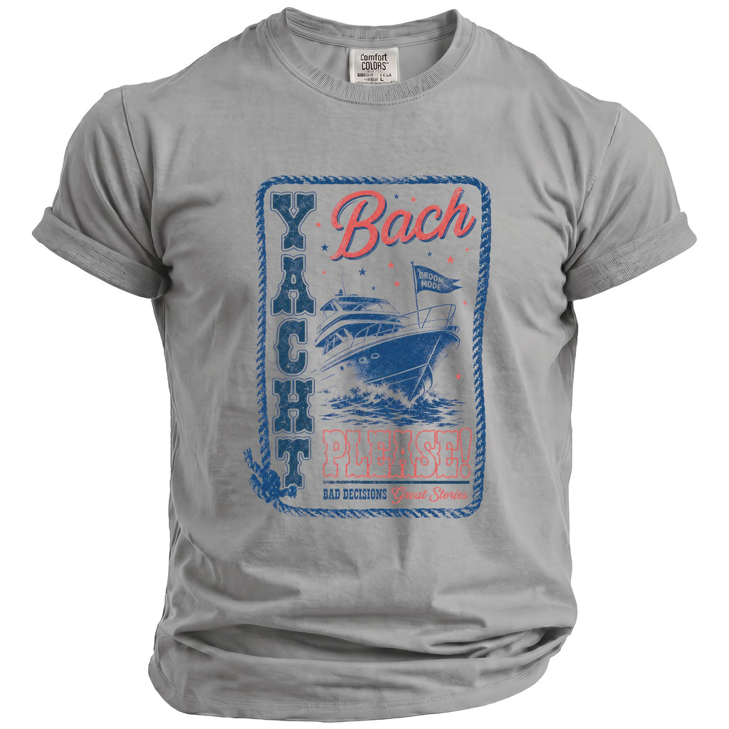 Grey t-shirt with "Yacht Bach Please" and boat graphic.