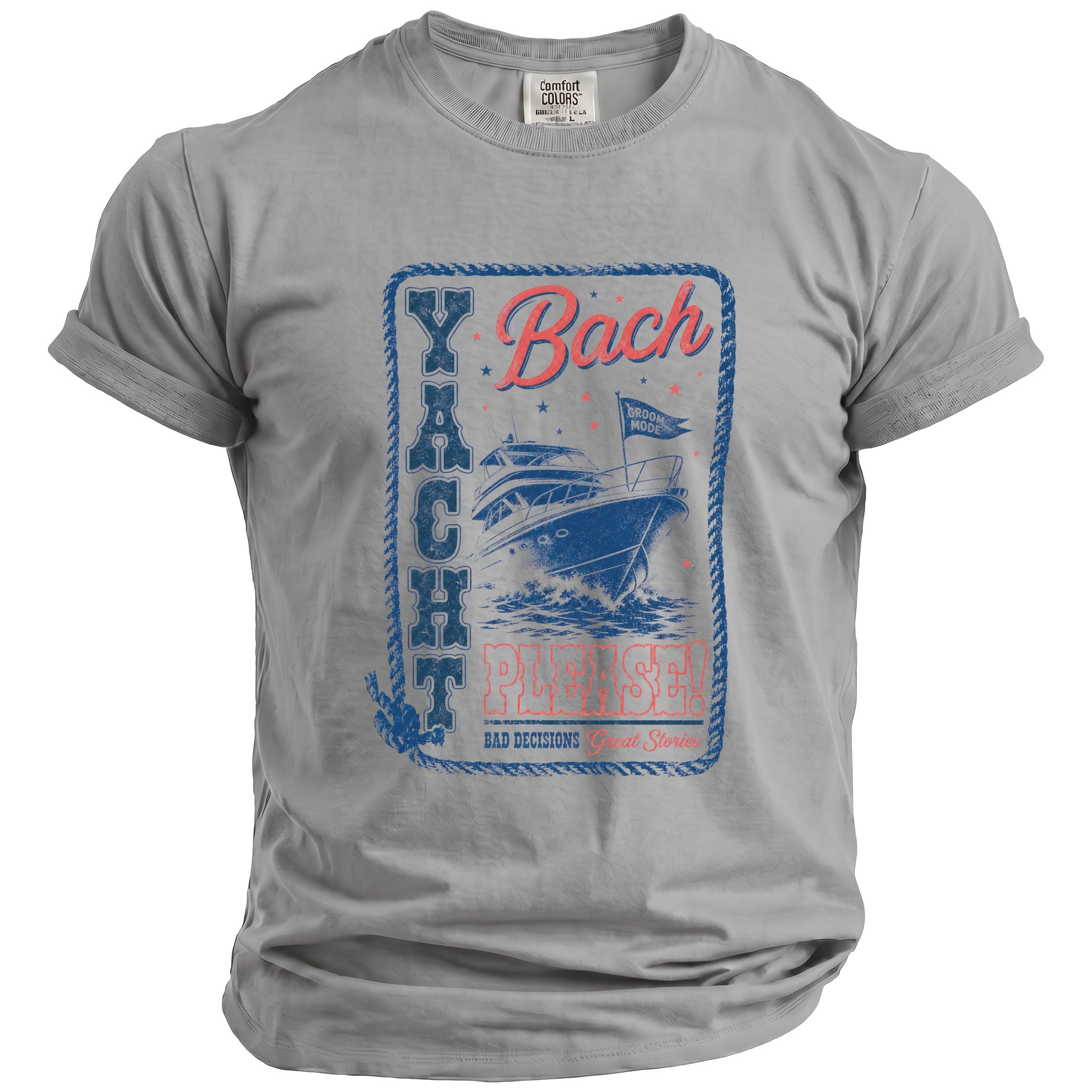 Grey t-shirt with "Yacht Bach Please" and boat graphic.