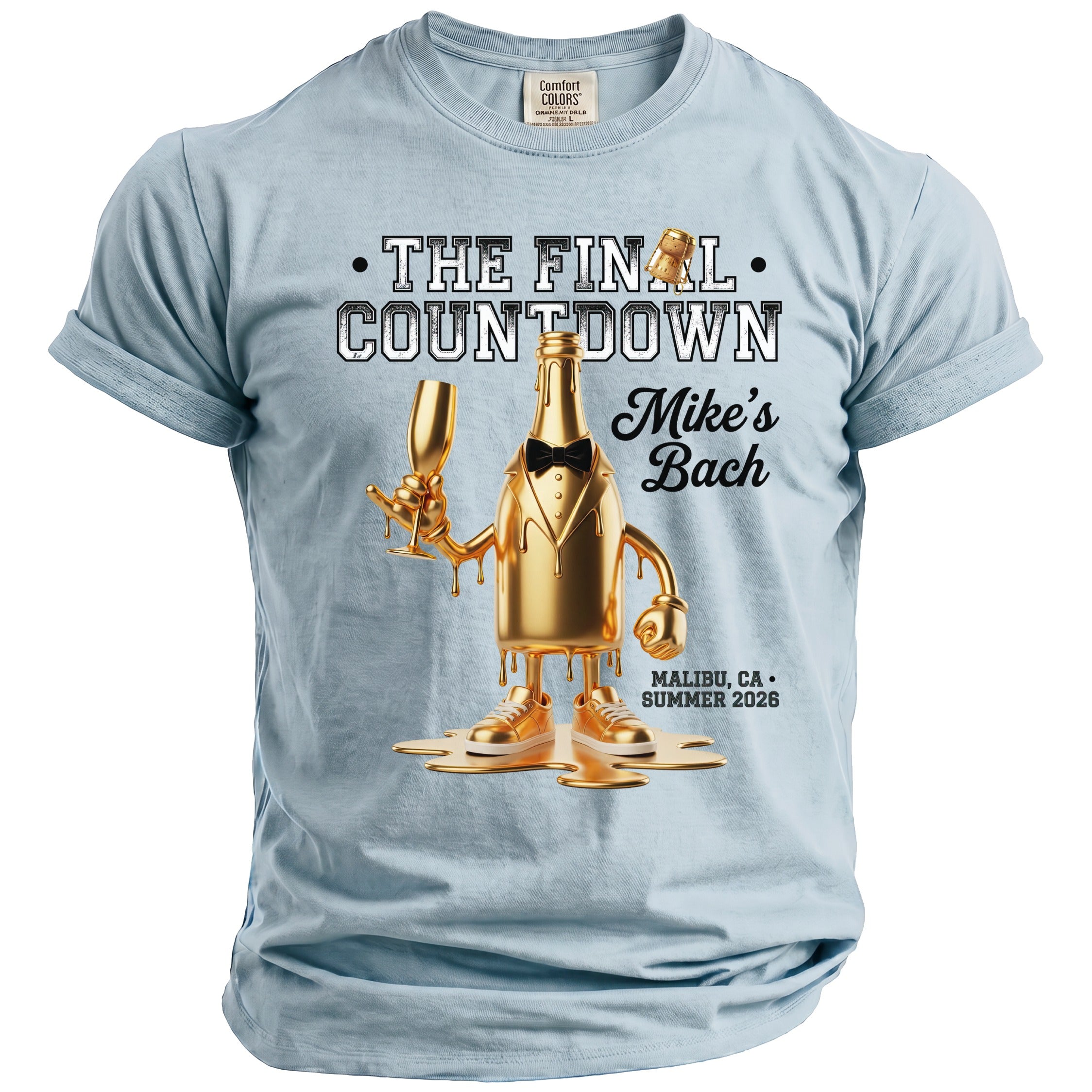 T-shirt with gold champagne bottle graphic saying "The Final Countdown" and "Mike's Bach."