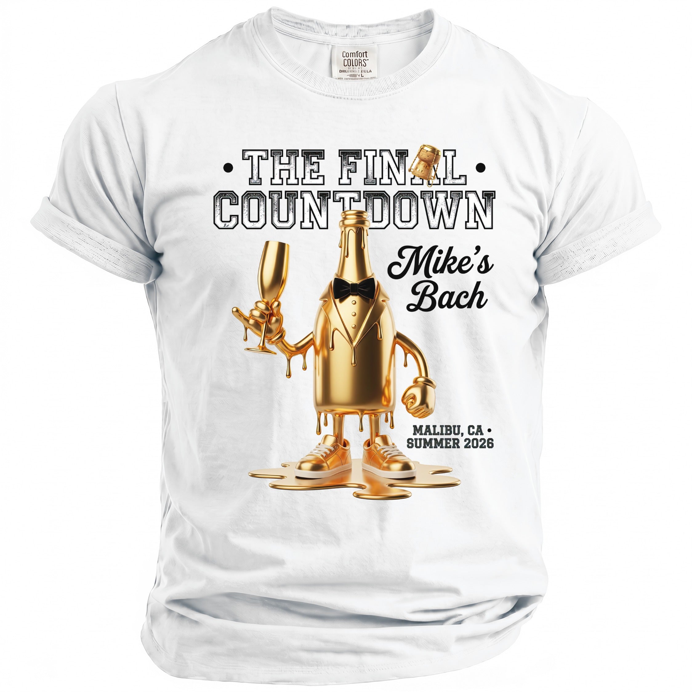 White t-shirt with "The Final Countdown" and "Mike's Bach" text, and a golden bottle graphic.