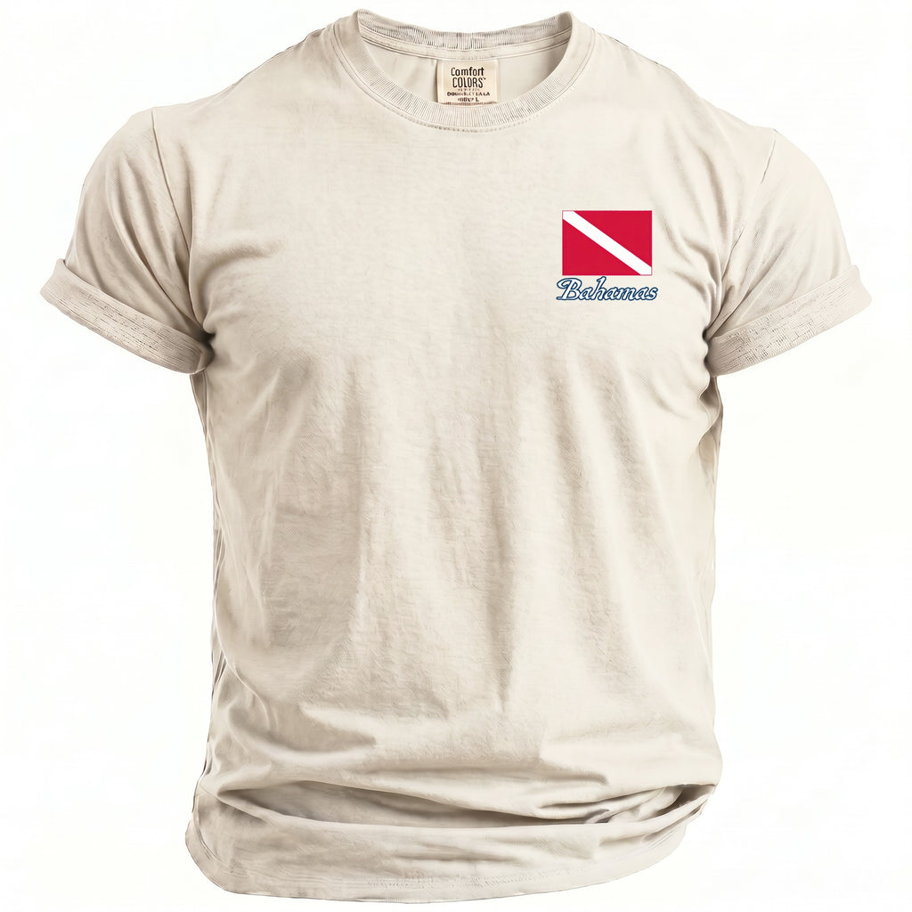 Cream t-shirt with a red and white dive flag and "Bahamas" text on the left chest pocket.