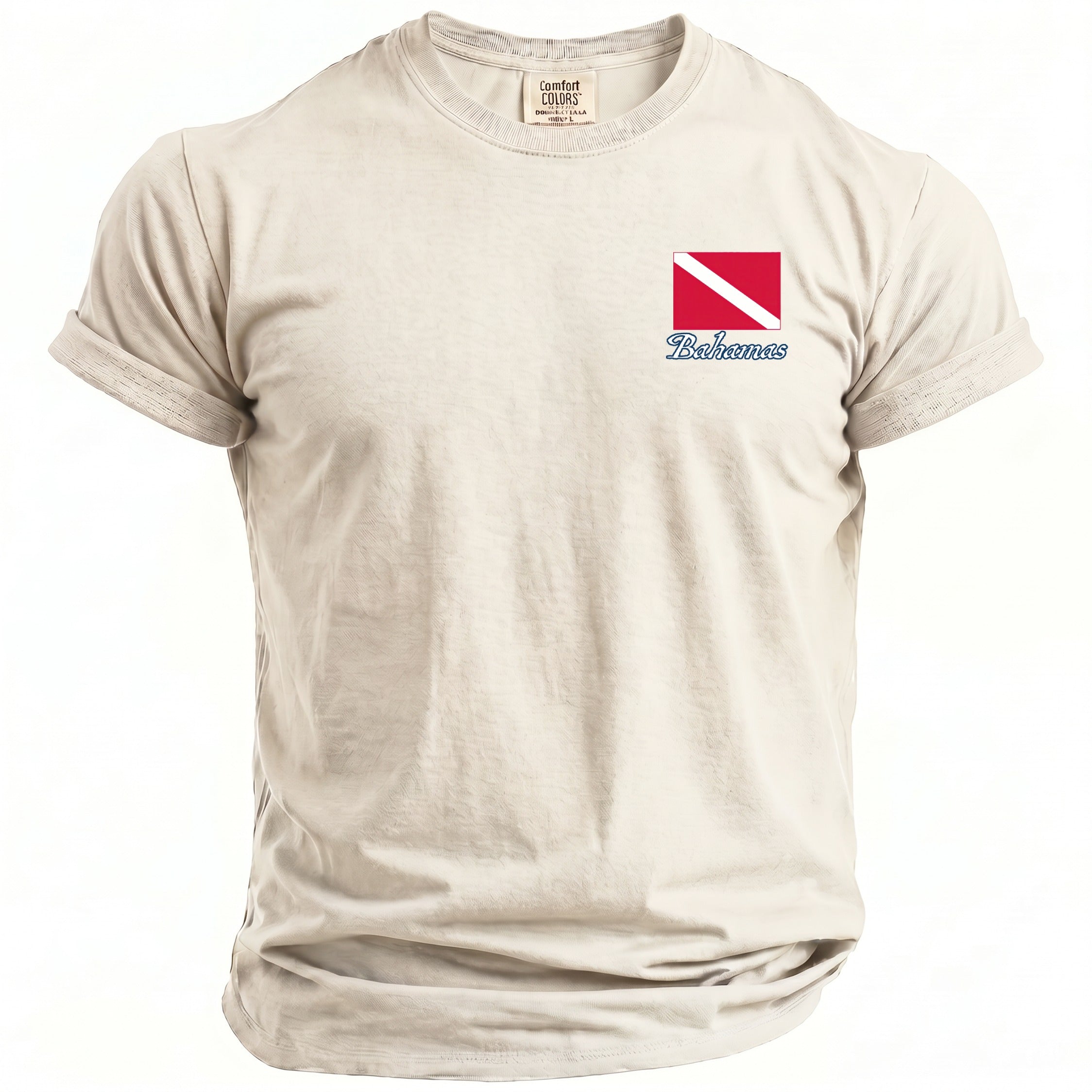 Cream t-shirt with a red and white dive flag and "Bahamas" text on the left chest pocket.