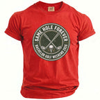 Red t-shirt with "Same Hole Forever Bachelor Golf Weekend 2026" graphic.