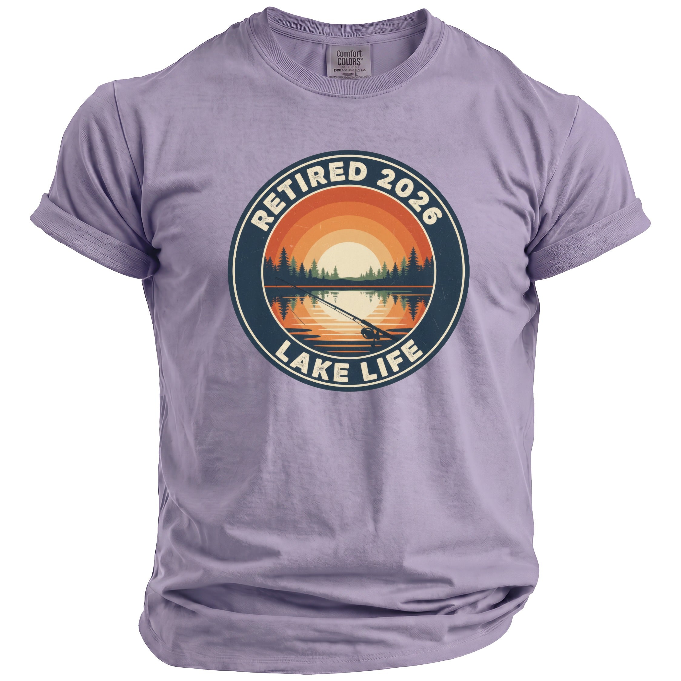 Lavender t-shirt with "Retired 2026 Lake Life" graphic of a sunset over a lake.