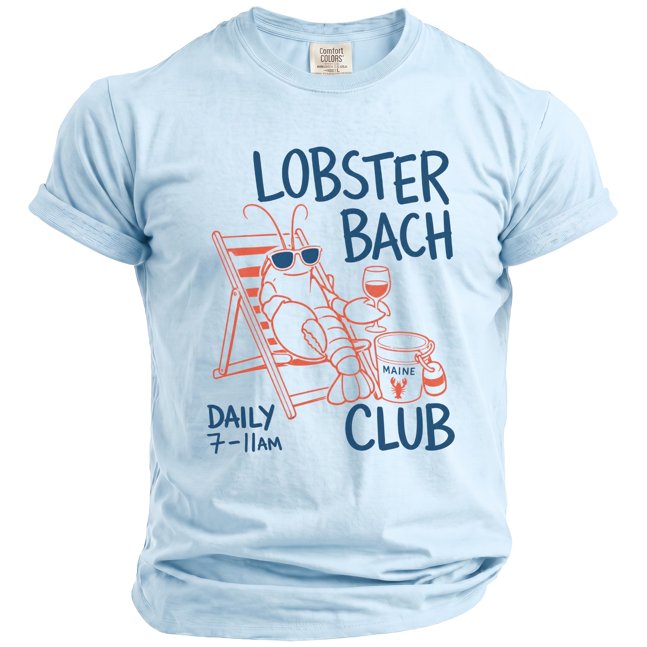 Light blue t-shirt with lobster, wine, and "Lobster Bach Club" text.