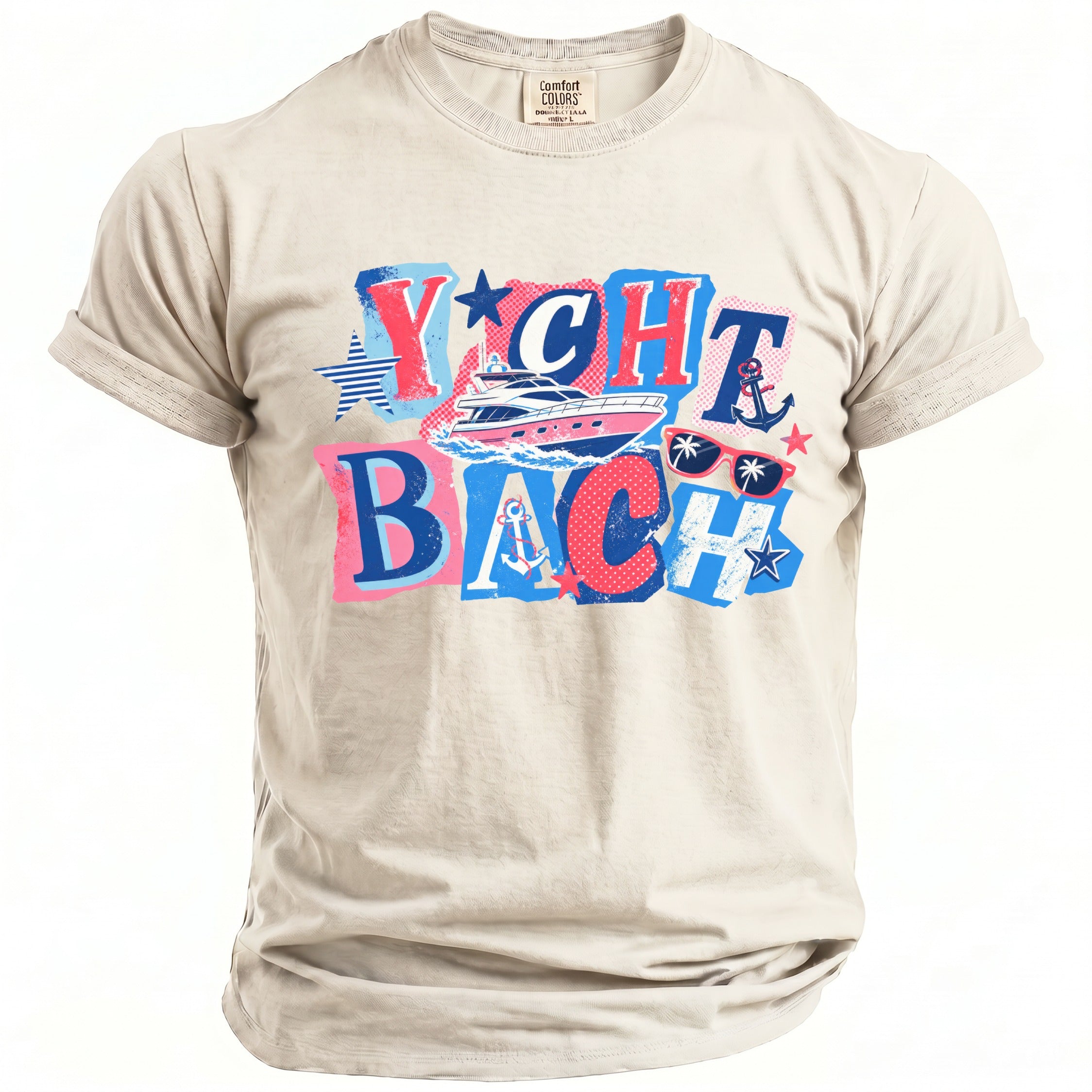 Light beige crew neck t-shirt featuring a nautical themed "Yacht Bach" graphic in red, white, and blue.