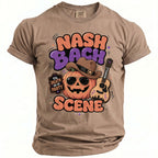 Brown t-shirt with "Nash Bach Scene" graphic featuring a pumpkin, guitar, and text.