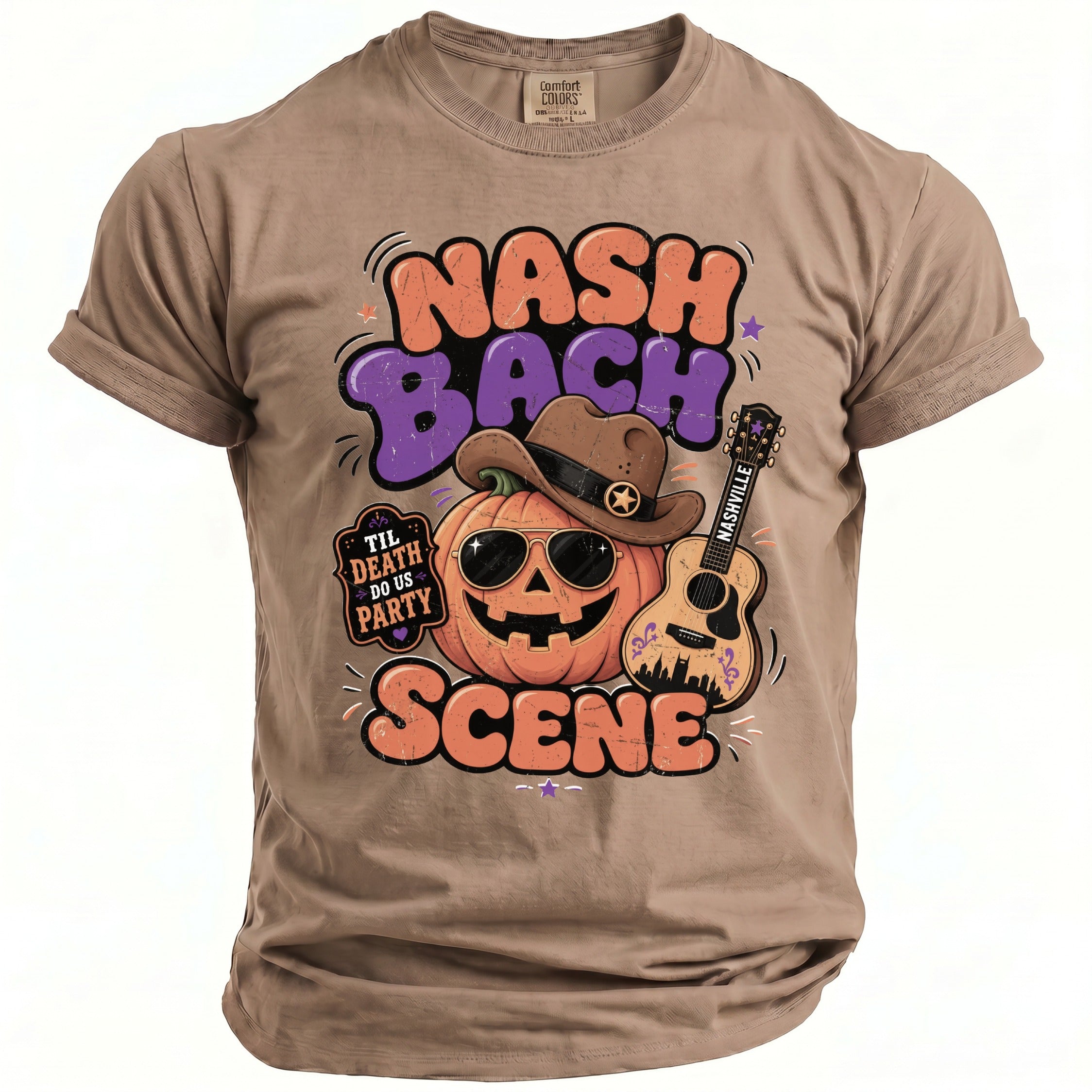 Brown t-shirt with "Nash Bach Scene" graphic featuring a pumpkin, guitar, and text.