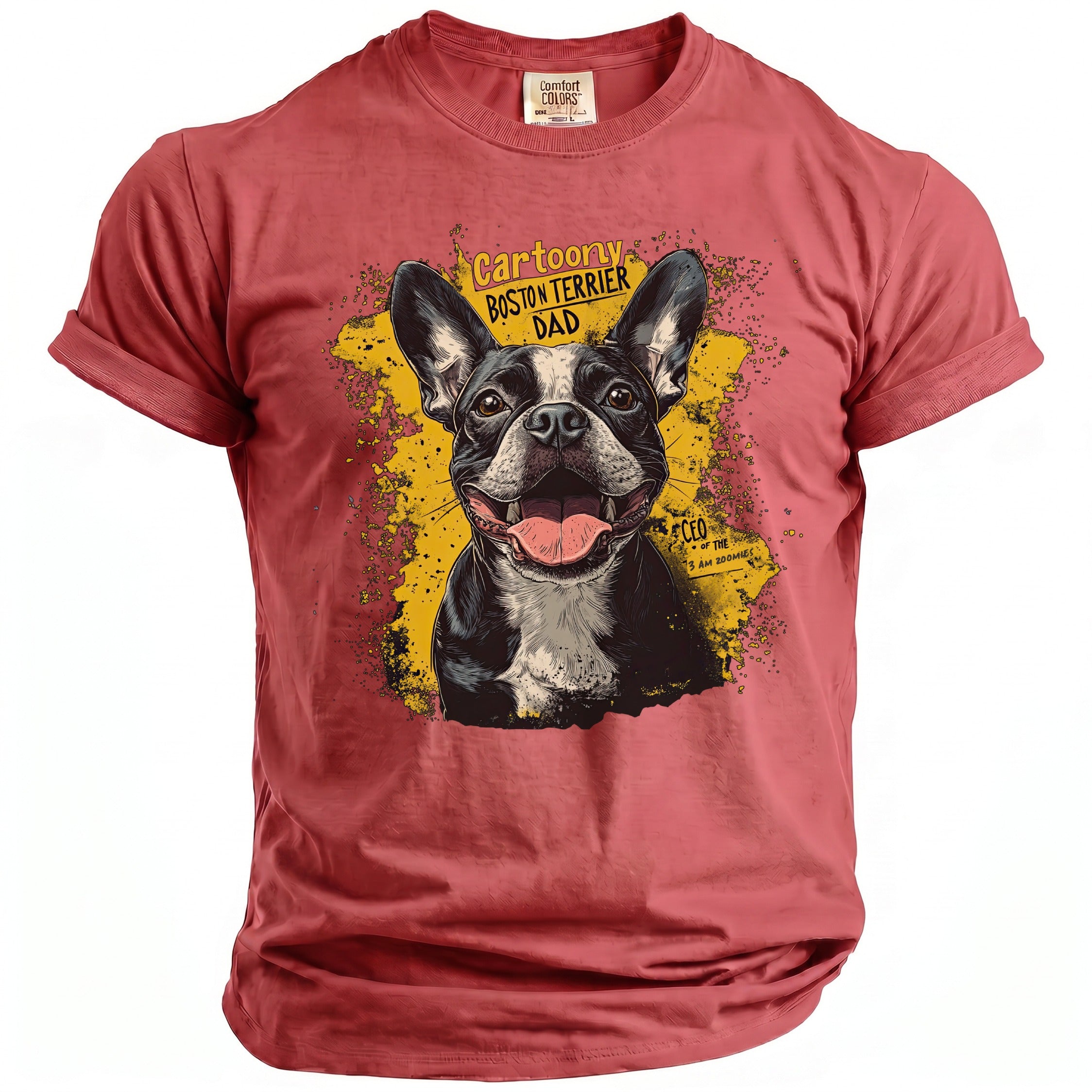Red t-shirt with a cartoon Boston Terrier graphic and text "Cartoony Boston Terrier Dad".