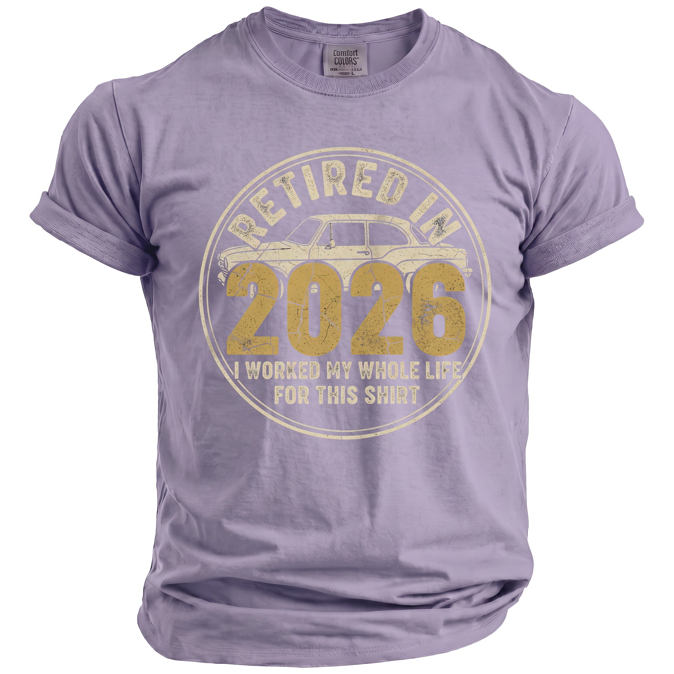 Purple t-shirt with "Retired in 2026" and car graphic.