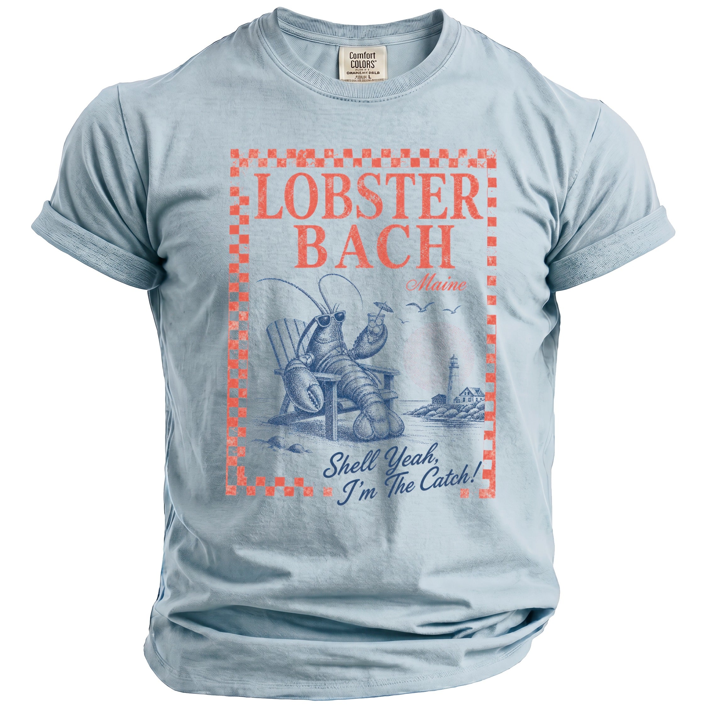 Lobster Bach Maine t-shirt with a lobster sitting in a chair on a beach.