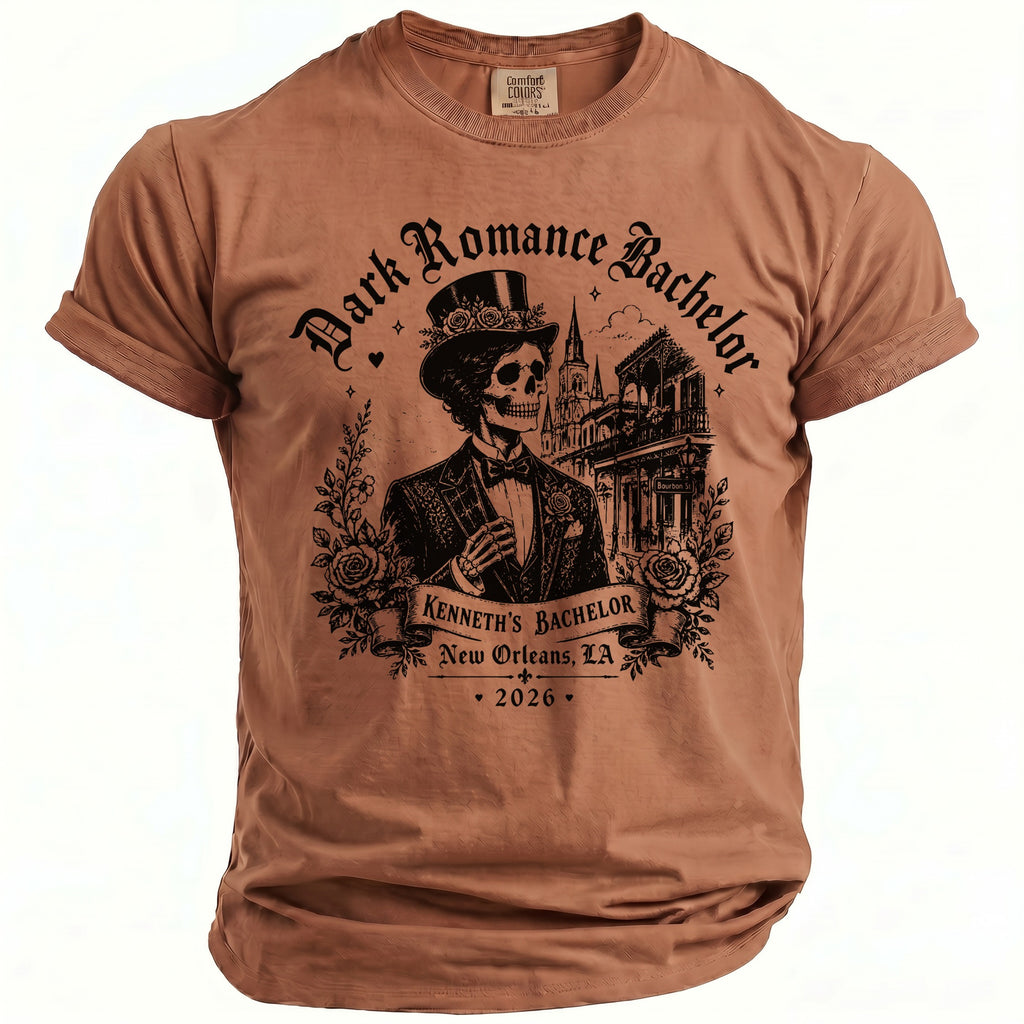 "Dark Romance Bachelor" t-shirt with skeleton in top hat, roses, and New Orleans building.