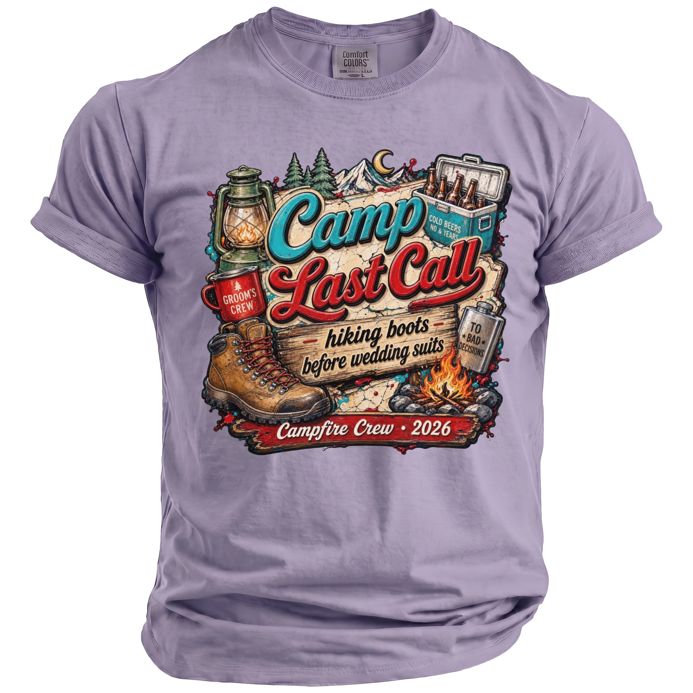 Camp Last Call graphic with hiking boots, campfire, and text on a light purple t-shirt.