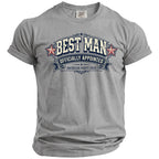 Grey t-shirt with "BEST MAN OFFICIALLY APPOINTED BACHELOR PARTY 2026" graphic.