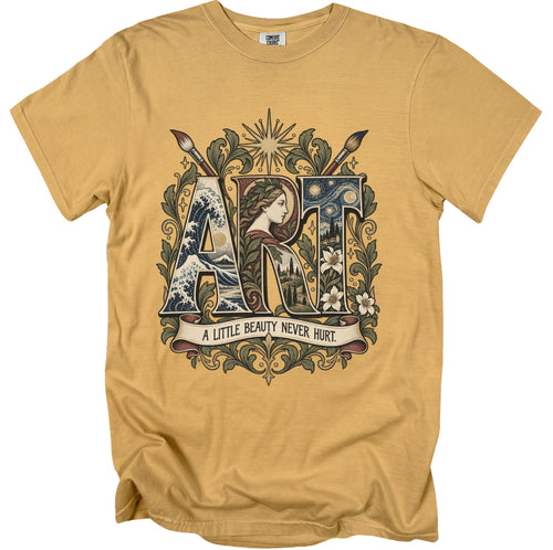 Yellow t-shirt with "ART" design featuring a profile of a woman and art scenes.
