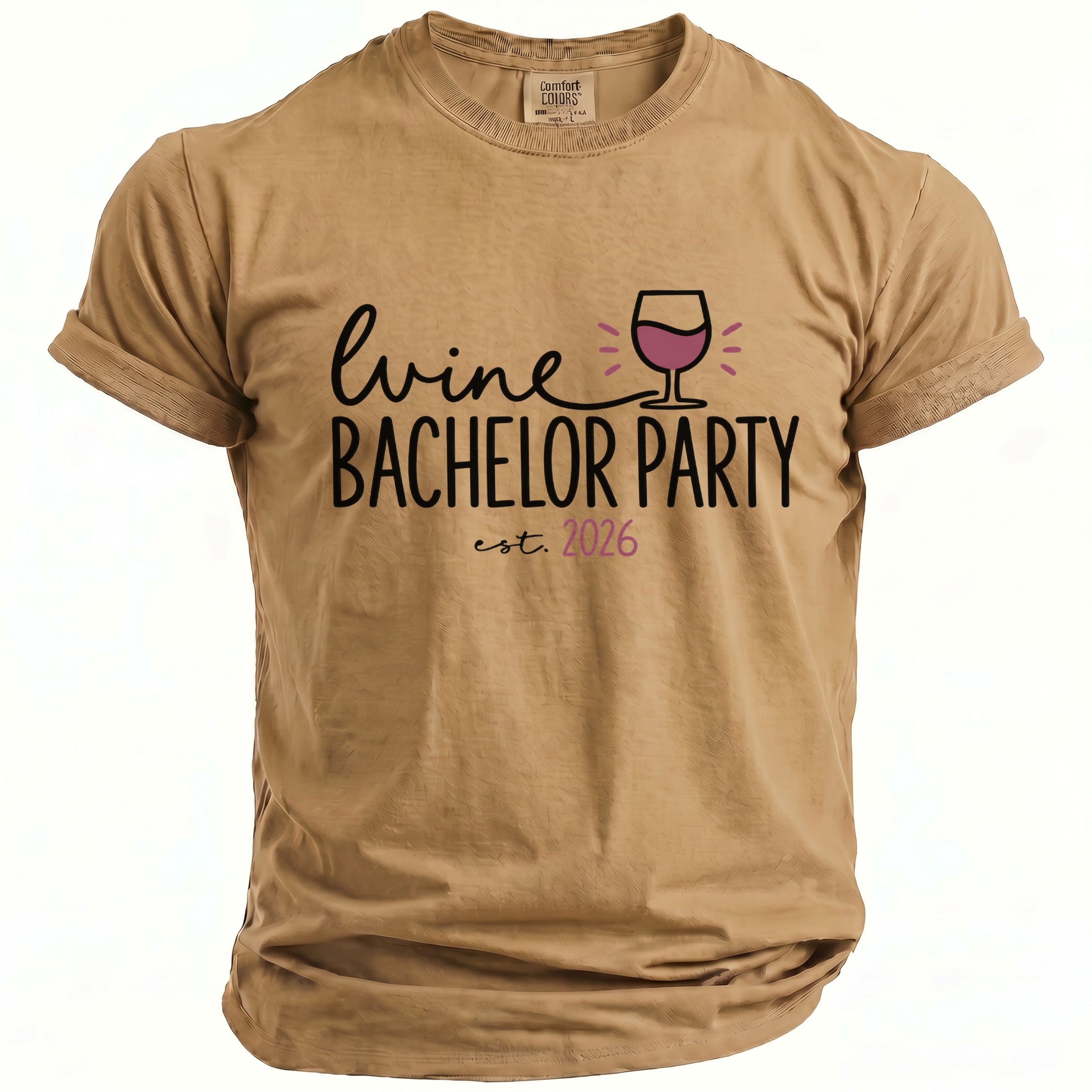Tan t-shirt with "wine BACHELOR PARTY est. 2026" graphic.