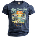 Dark blue t-shirt with "Bach Beach Party" graphic, beach scene, and custom text.