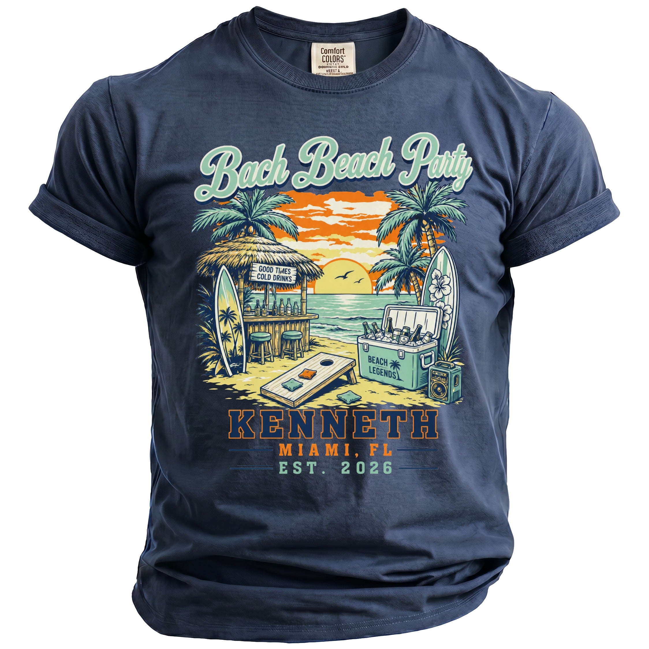 Dark blue t-shirt with "Bach Beach Party" graphic, beach scene, and custom text.