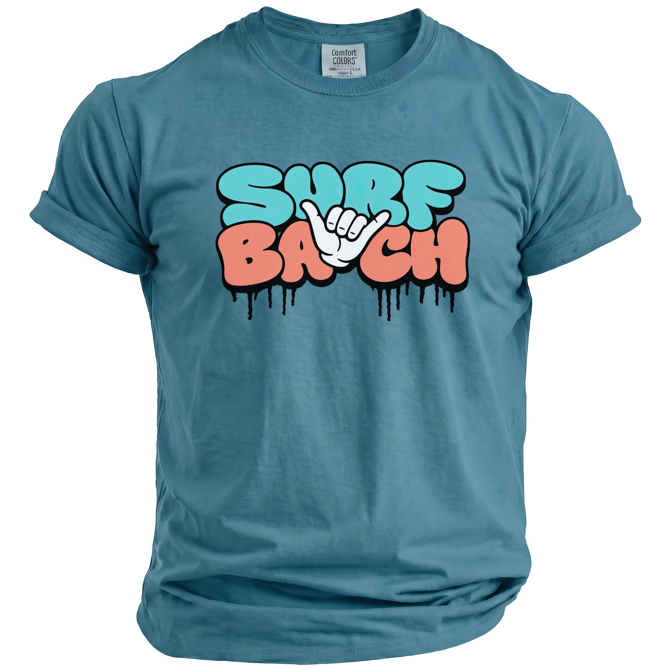 Teal t-shirt with "Surf Bach" in bubble text and a hand sign.