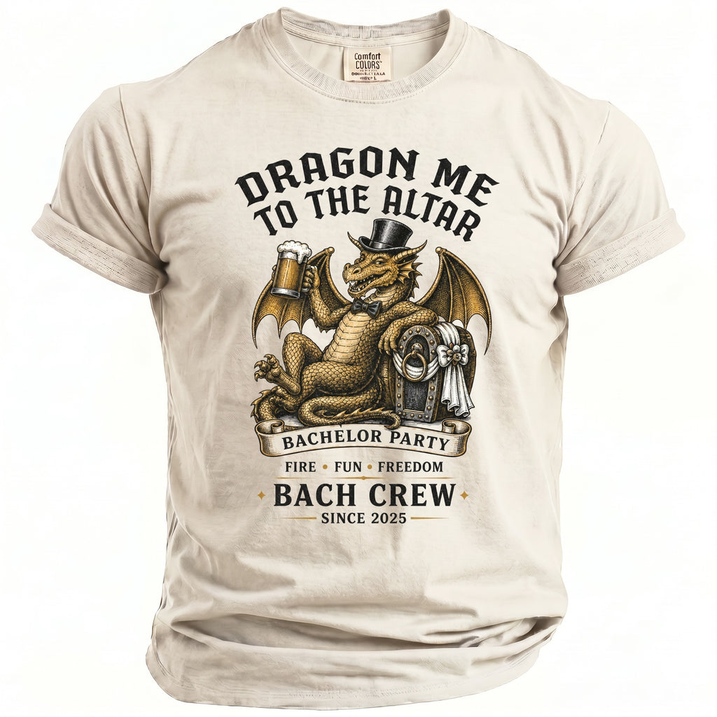 T-shirt with dragon graphic: "Dragon Me To The Altar" Bachelor Party Bach Crew.