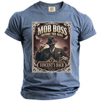 Blue t-shirt featuring "Mob Boss Before the Ring Vincent's Bach Miami, FL Fall 2026" graphic.