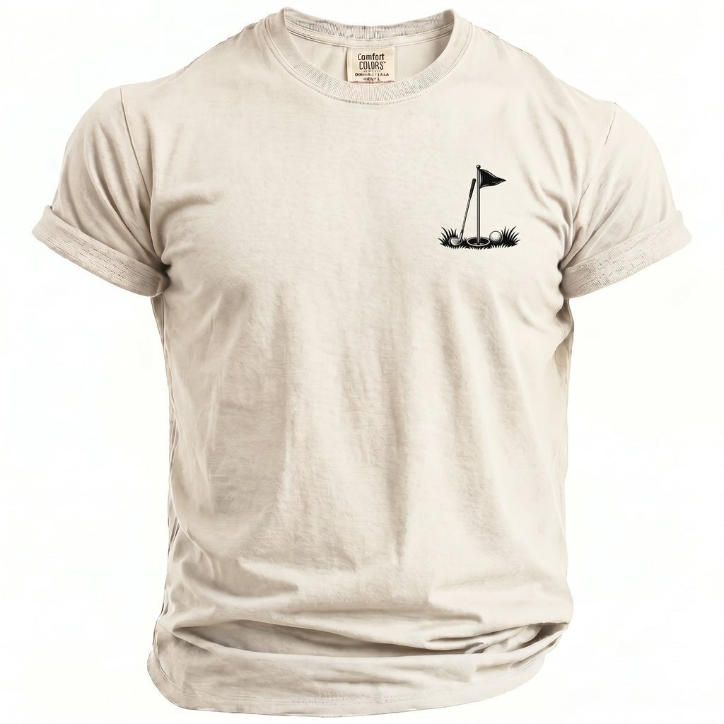 Light tan t-shirt with a small black graphic of a golf flag, ball, and hole.