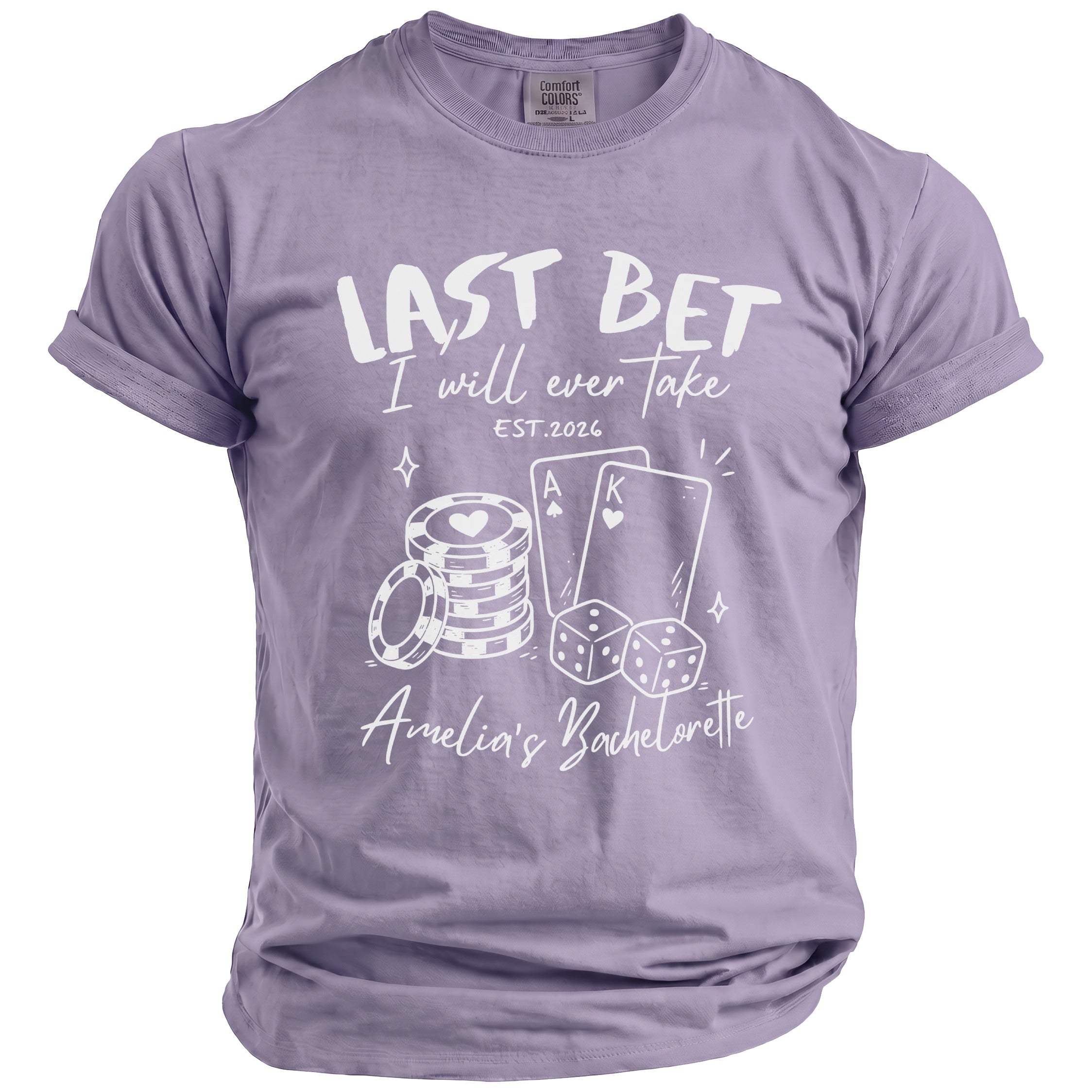 Purple t-shirt with "Last Bet I will ever take EST.2026 Amelia's Bachelorette" and gambling graphics.
