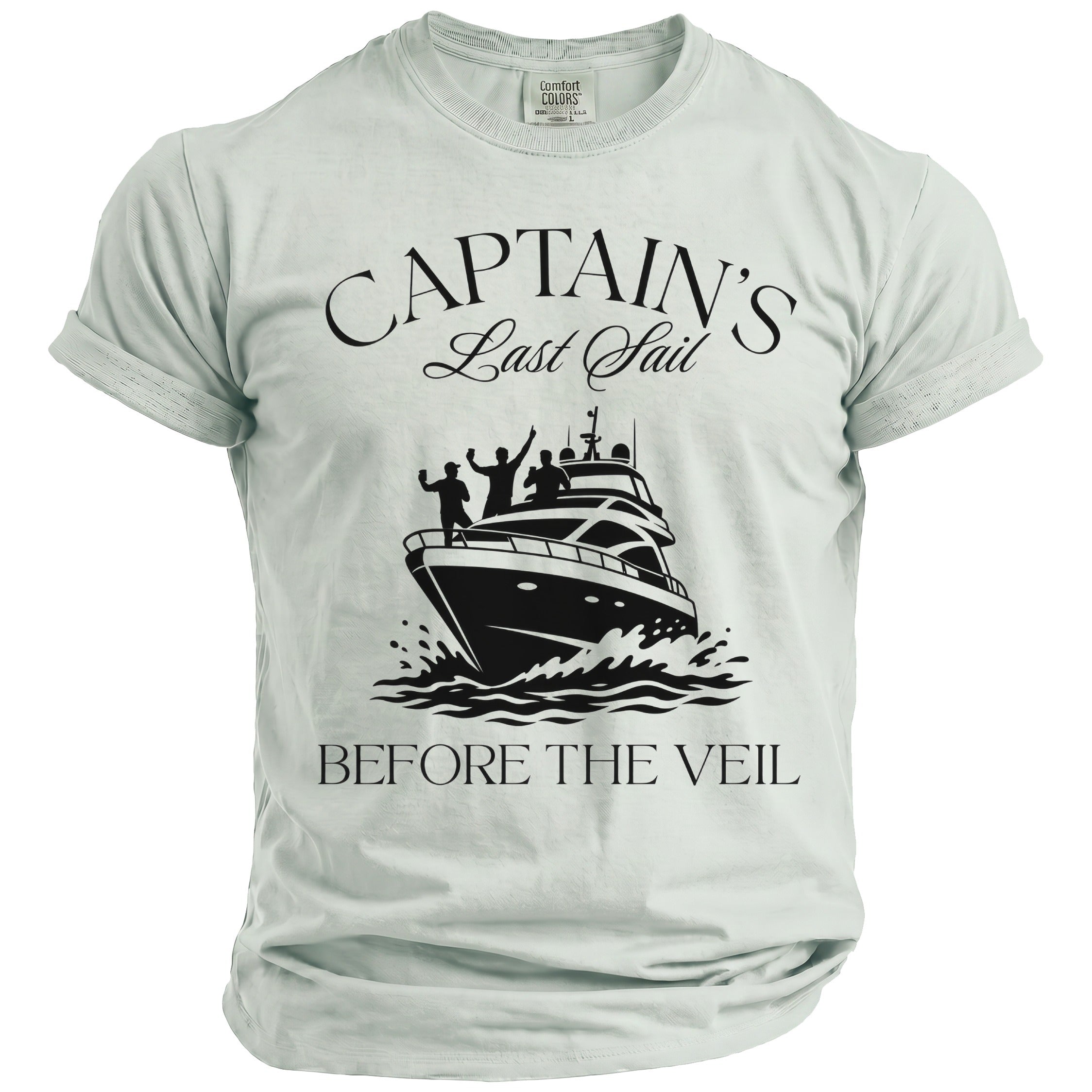T-shirt with "Captain's Last Sail Before The Veil" text and yacht graphic.