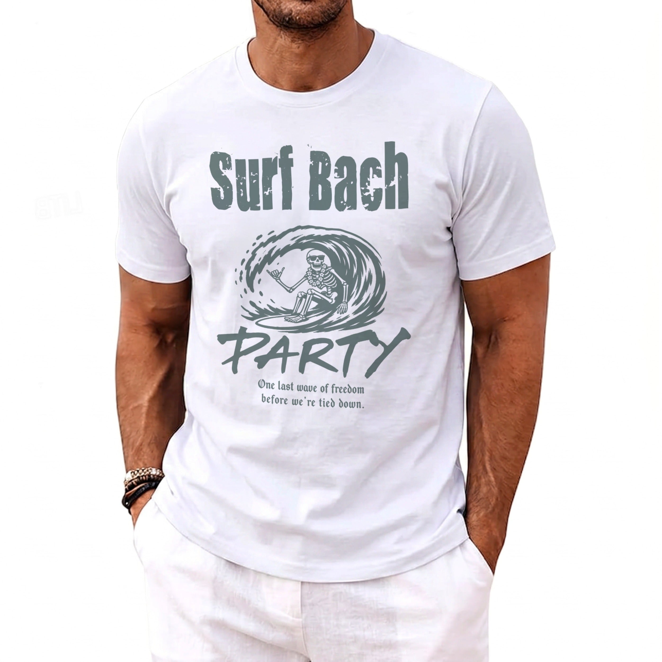 White t-shirt with "Surf Bach PARTY" text and skeleton surfing.