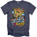 T-shirt with colorful graphic of a pizza slice sun over a cityscape and "Good Things Come In Slices" text.
