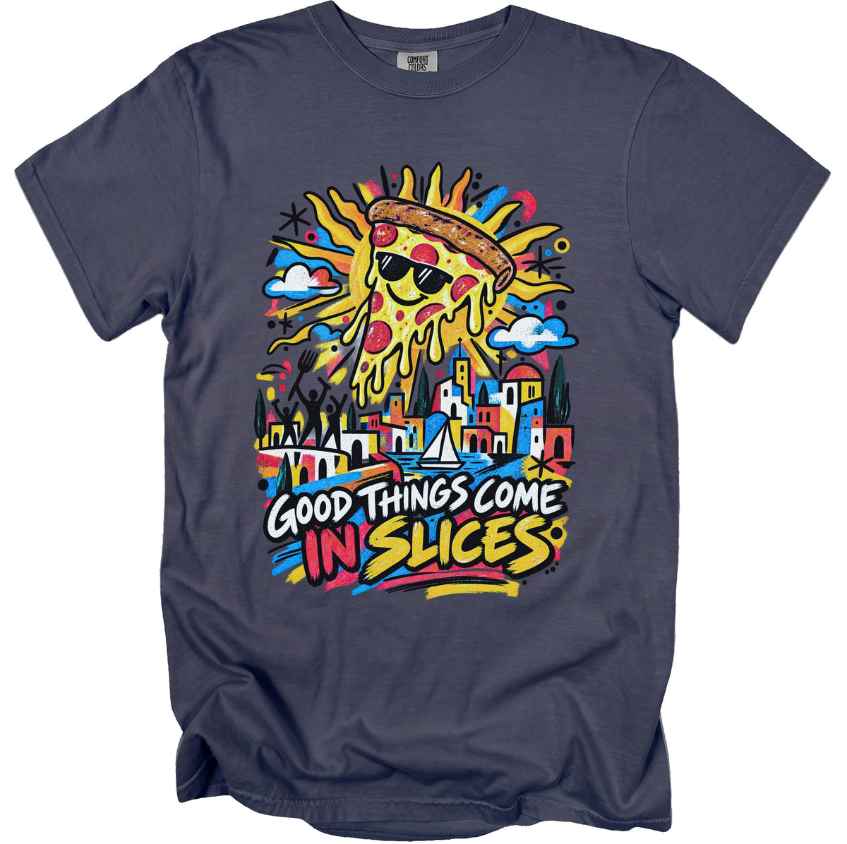 T-shirt with colorful graphic of a pizza slice sun over a cityscape and "Good Things Come In Slices" text.
