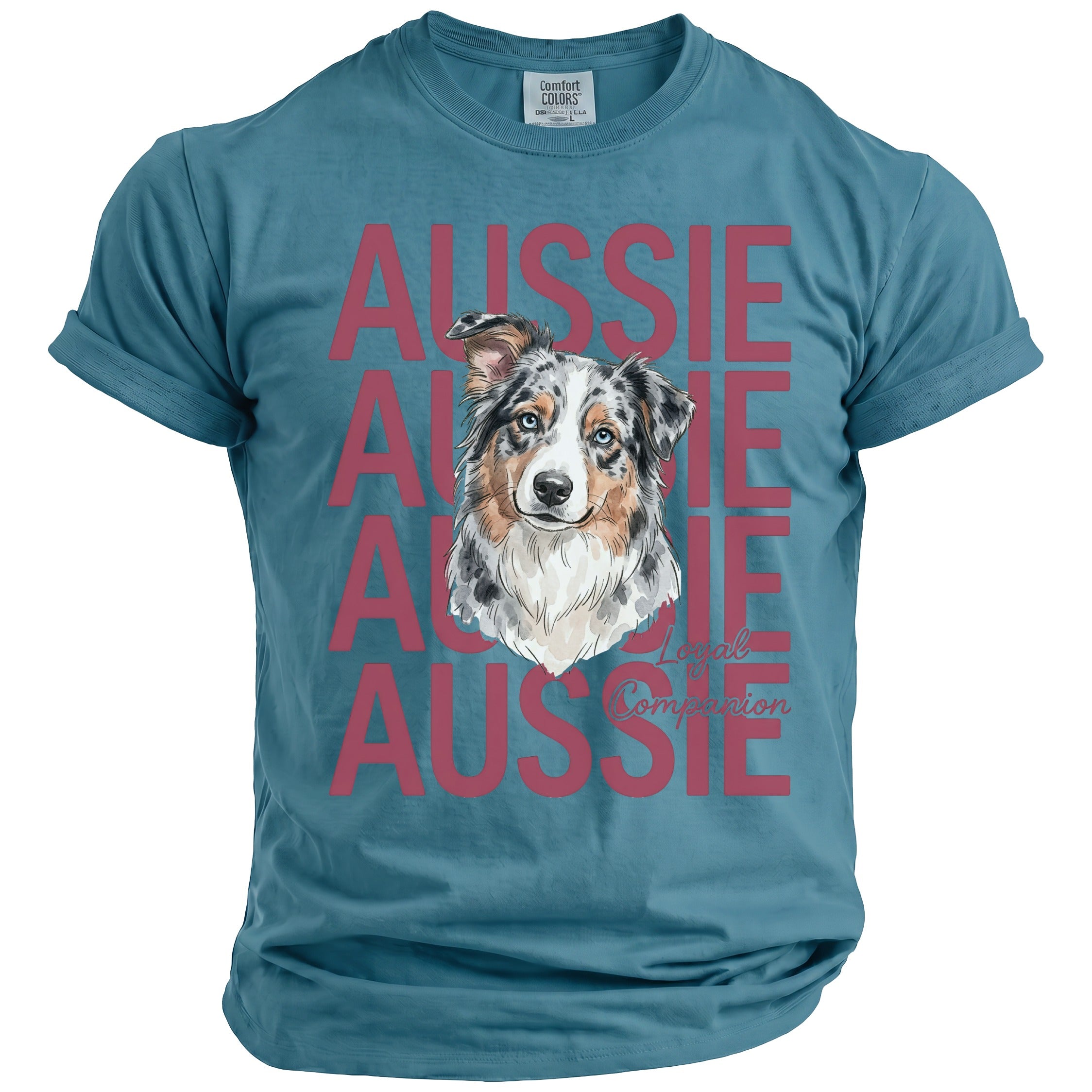 Blue t-shirt with a watercolor Australian Shepherd dog and the word "Aussie".
