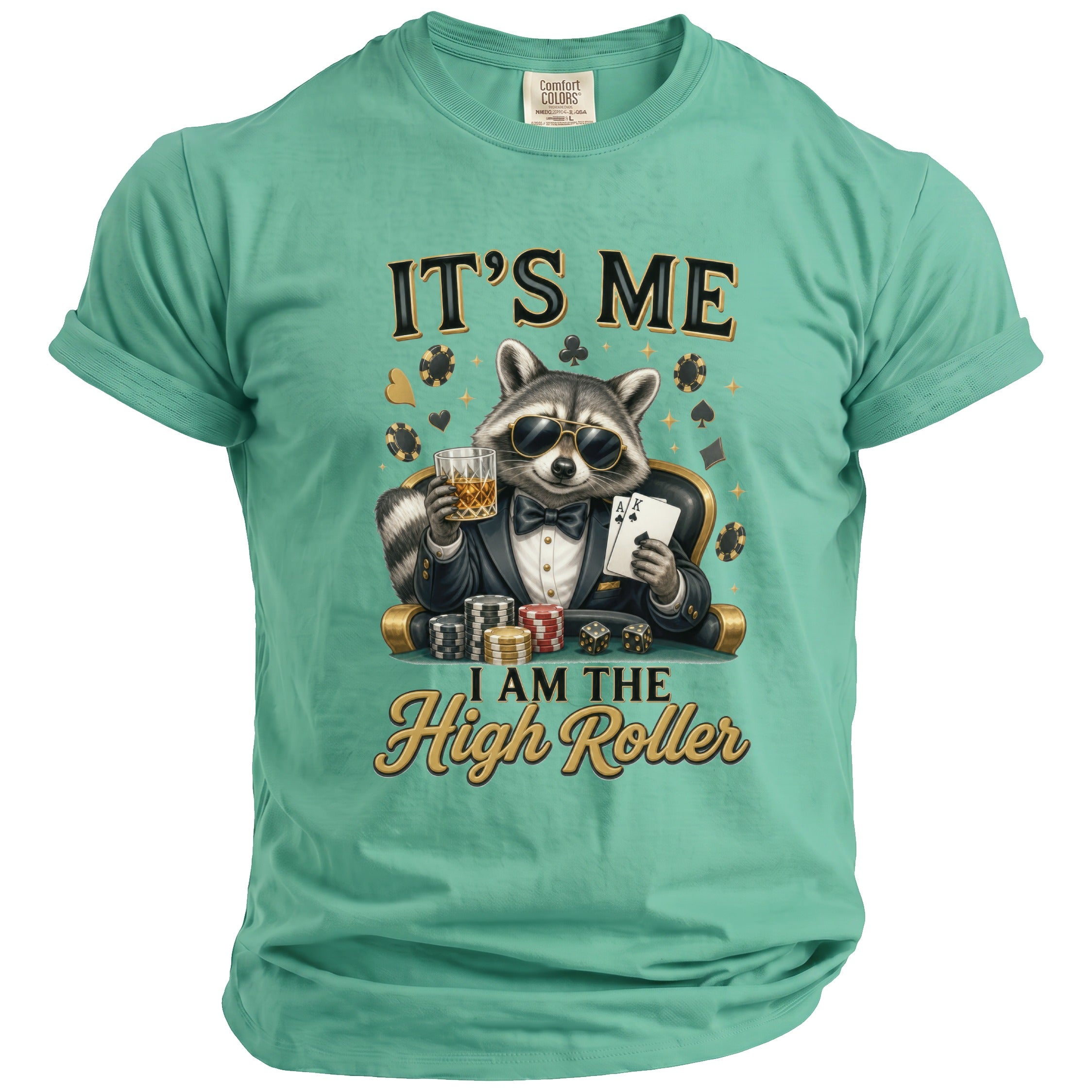 Raccoon in suit and sunglasses holding cards and drink, text "It's me, I am the High Roller".