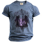 T-shirt with Gothic gate and man graphic, text "Some Curses Follow You Home".