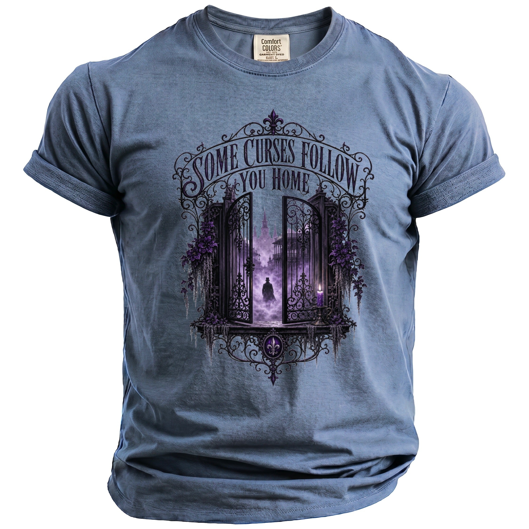 T-shirt with Gothic gate and man graphic, text "Some Curses Follow You Home".
