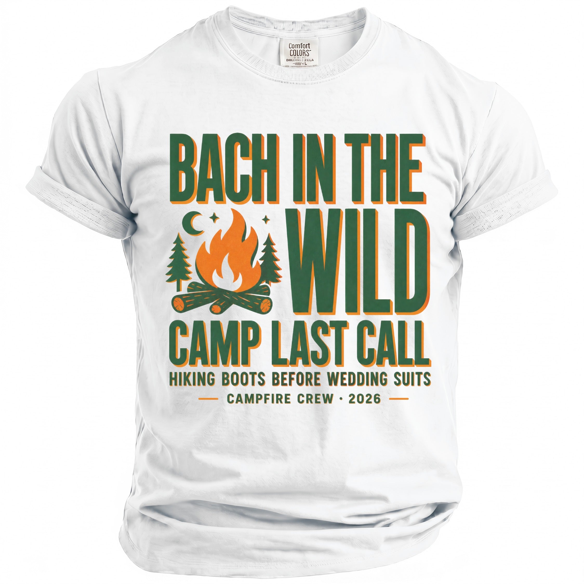 White t-shirt with "Bach in the Wild Camp Last Call" text and campfire graphic.
