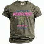 Olive green t-shirt with "Under New Management" and "Mike's Bach LA, CA Summer 2026" text.