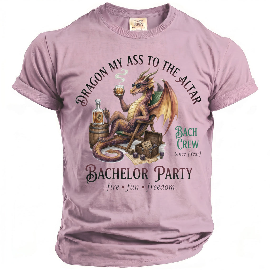 Pink Comfort Colors t-shirt with dragon for Bachelor Party, fire, fun, freedom.