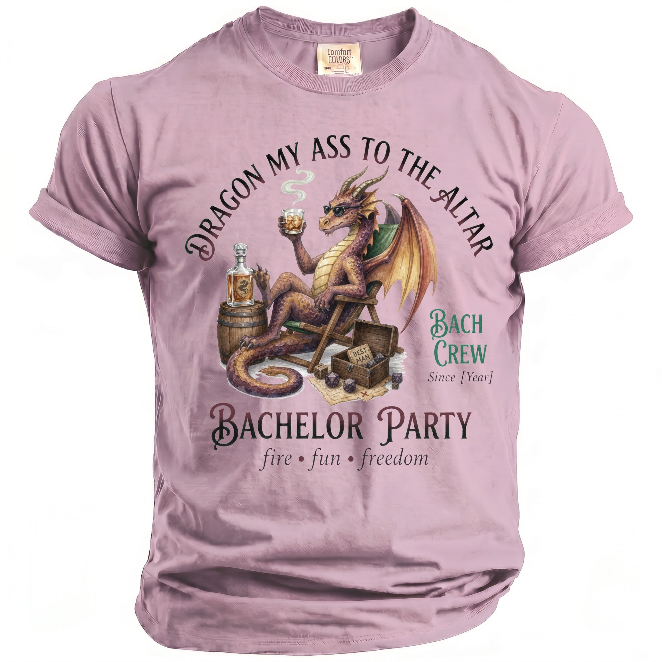 Pink Comfort Colors t-shirt with dragon for Bachelor Party, fire, fun, freedom.