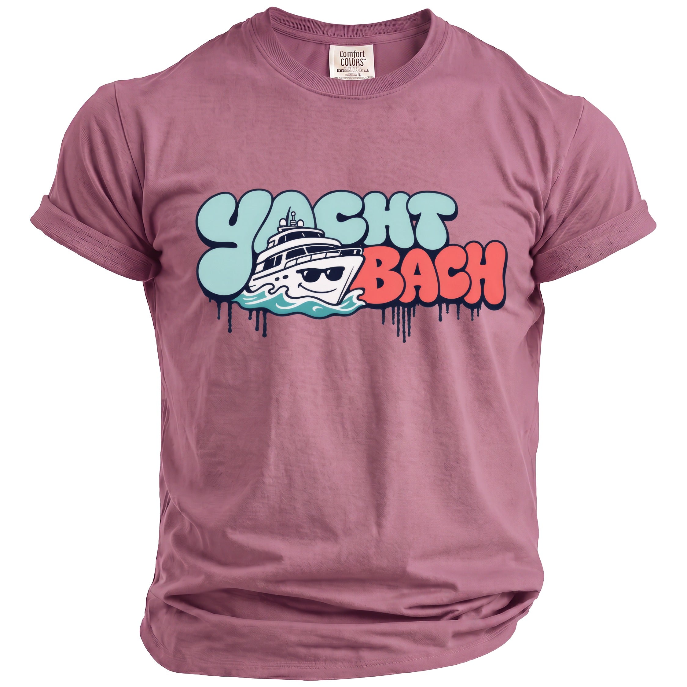 Purple t-shirt with "YACHT BACH" text and cartoon yacht graphic.