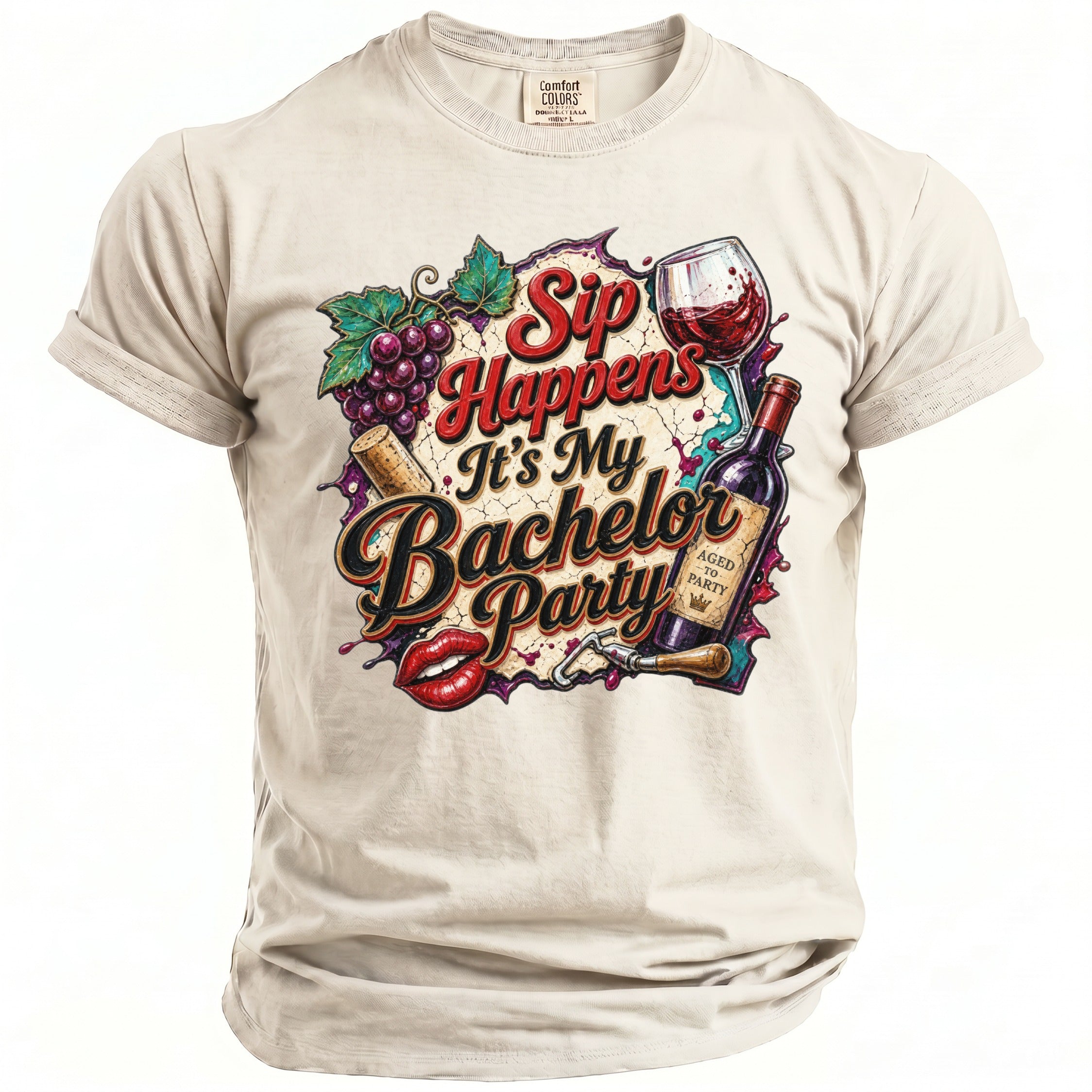 T-shirt with "Sip Happens It's My Bachelor Party" text, wine bottle, glass, and lips graphic.
