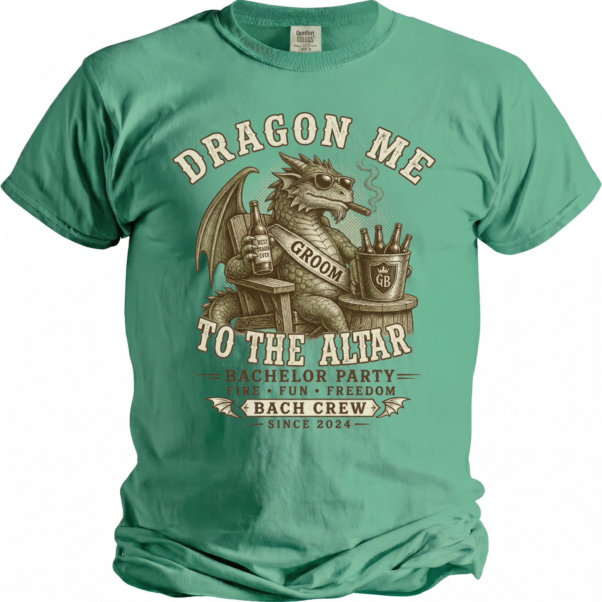 Green t-shirt with dragon graphic; "Dragon Me To The Altar" and bachelor party text.