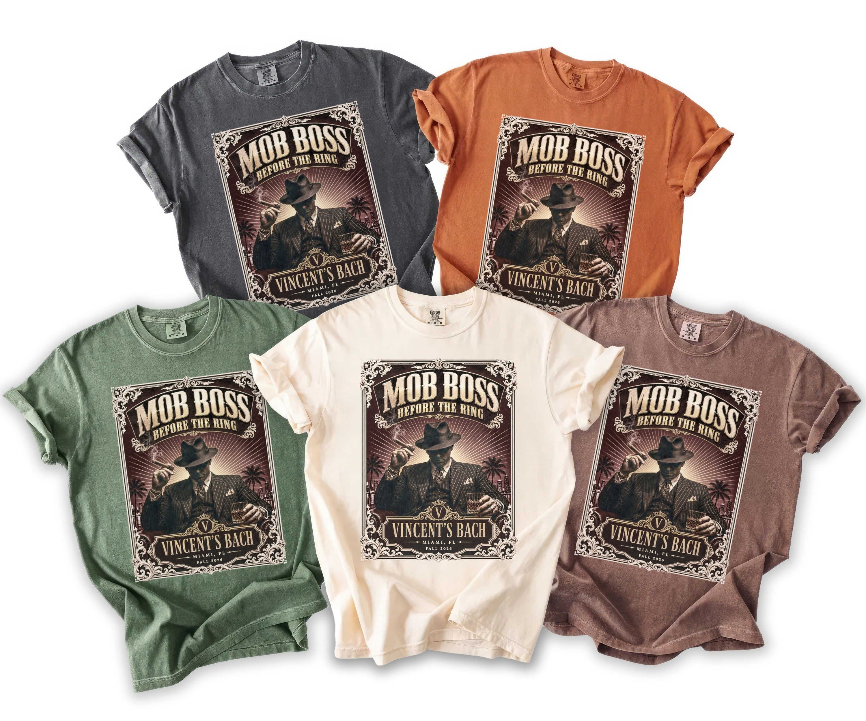 Assortment of t-shirts in various colors featuring "Mob Boss Before the Ring" graphic.
