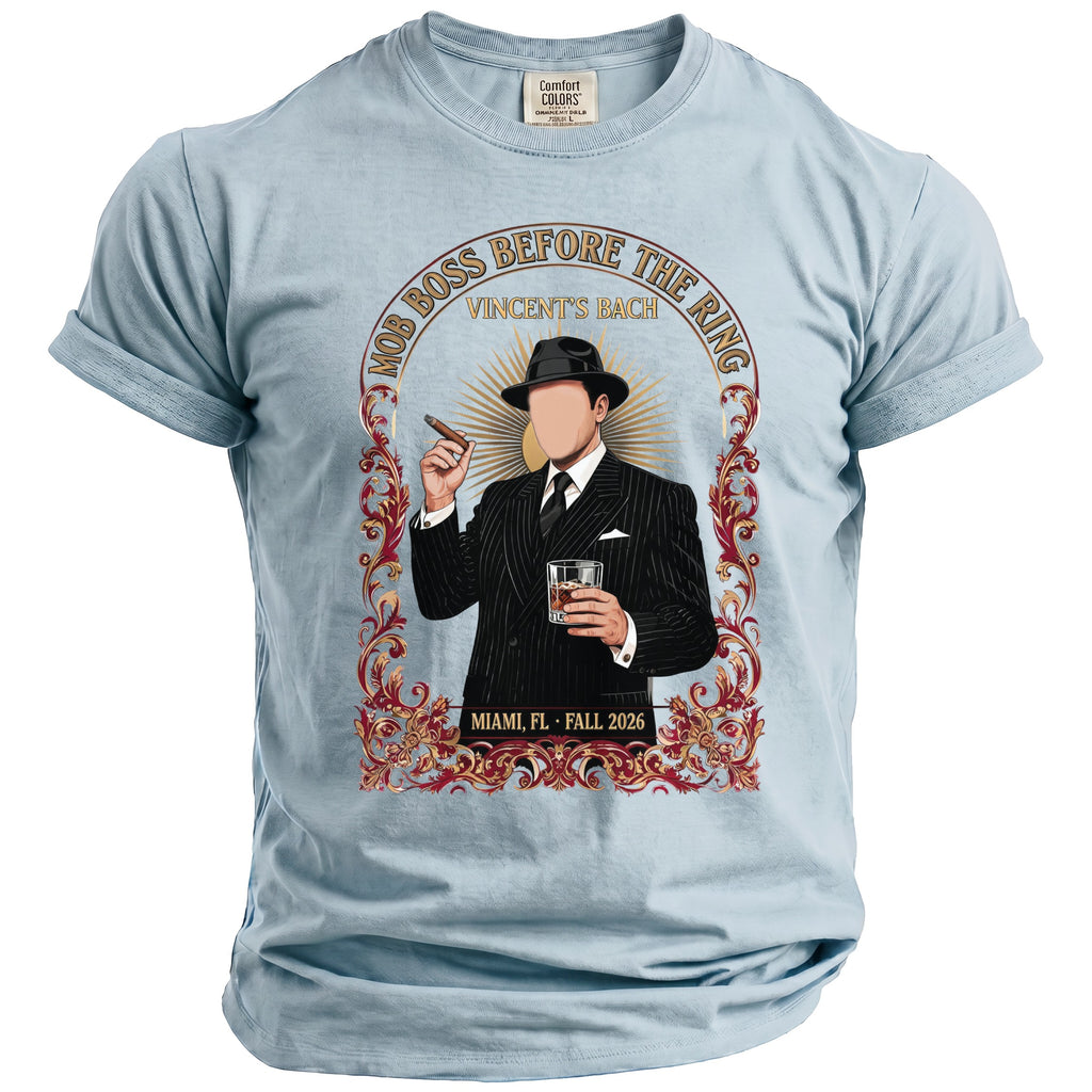 Light blue t-shirt with Mob Boss graphic featuring a man in a suit, cigar, and drink.